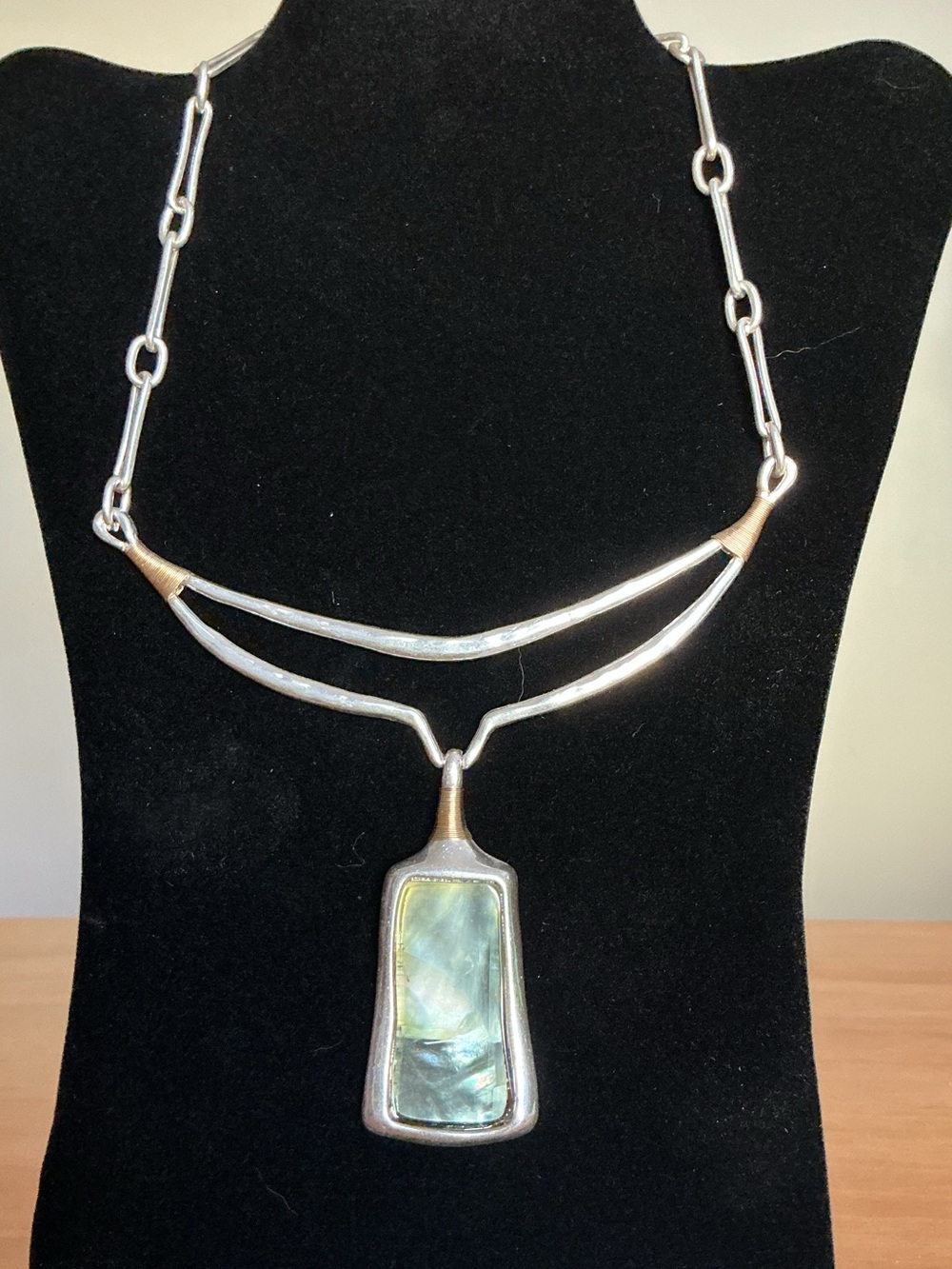 ROBERT Lee Morris Two Toned Metal Sculpted Abalone Pendant Statement Necklace